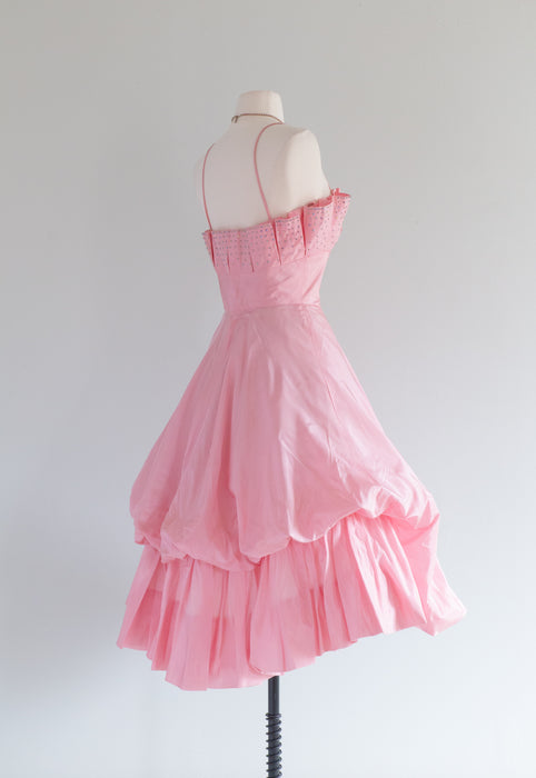 Vintage 1950's Bubble Gum Pink Taffeta Party Dress / Waist 26"