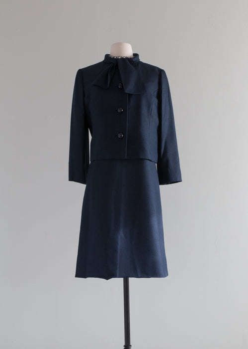 Elegant 1960's Navy Blue Silk Dress & Jacket By Patullo Jo Copeland / ML