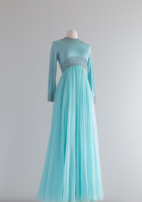 Vintage 1960's Ice Princess Beaded Aquamarine Evening Gown / Small