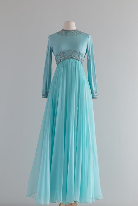 Vintage 1960's Ice Princess Beaded Aquamarine Evening Gown / Small