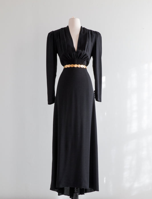 Sublime 1930's Black Rayon Evening Gown / ML