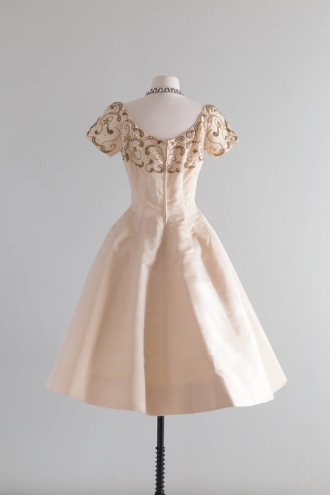 1950's Ivory Peau De Soie Beaded Evening Dress By Ceil Chapman / Waist 26