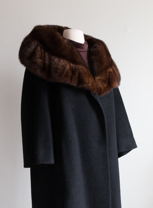 Sumptuous 1950's Black Cocoon Coat With HUGE Mink Collar / SM