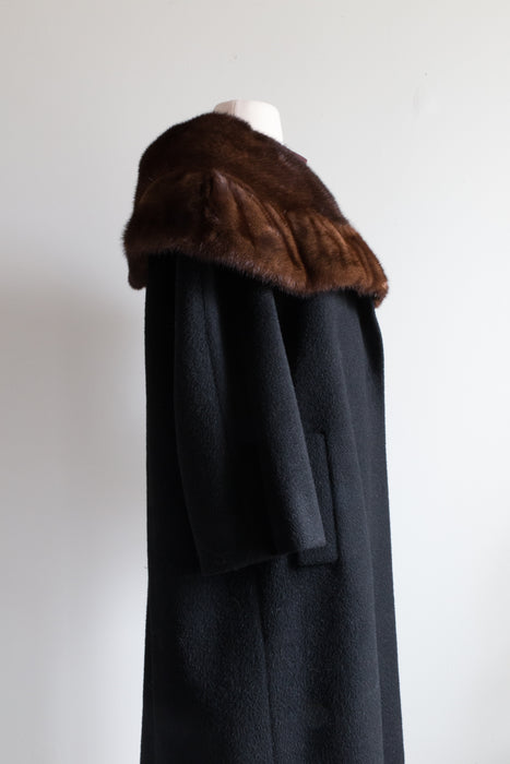 Sumptuous 1950's Black Cocoon Coat With HUGE Mink Collar / SM