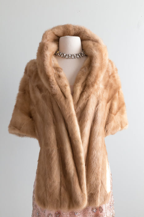 Elegant 1950's Honey Mink Wrap With Huge Collar / OS