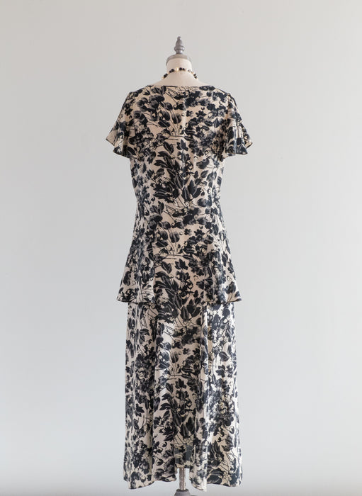 Early 1930's Gatsby Era Silk Floral Print Silk Dress / Medium