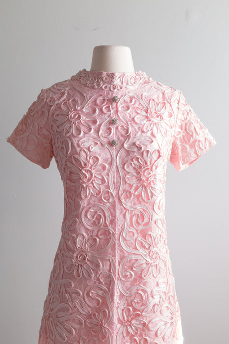 Vintage 1960's Pink Swirling Soutache Cocktail Dress / Medium