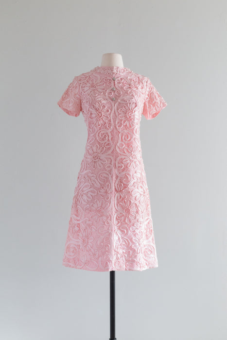 Vintage 1960's Pink Swirling Soutache Cocktail Dress / Medium