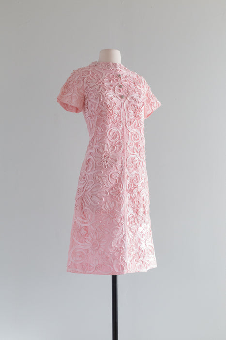 Vintage 1960's Pink Swirling Soutache Cocktail Dress / Medium