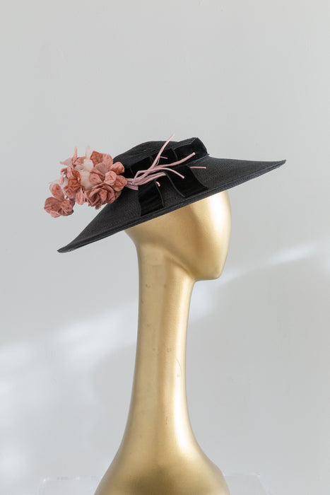 Classic 1950's Cartwheel Hat In Black Straw With Pink Millinery Flowers