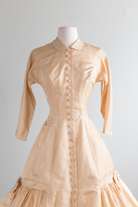 Iconic 1950's New Look Buttercream Silk Dress By Nathan Strong / Waist 25"