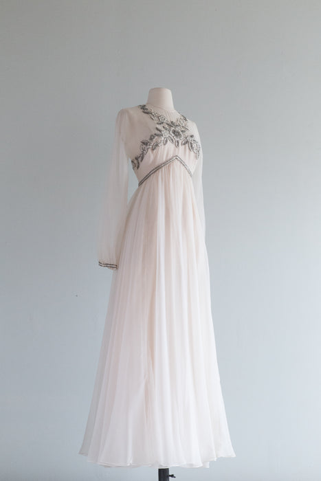 Romantic 1970's Ivory Chiffon Wedding Gown With Beading / Medium