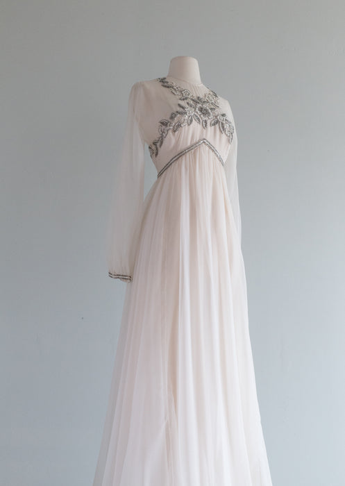 Romantic 1970's Ivory Chiffon Wedding Gown With Beading / Medium