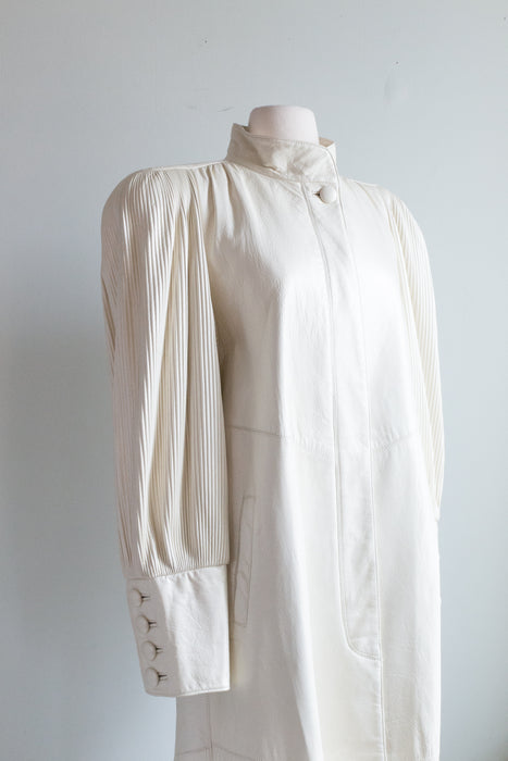 Vintage Ivory Pearl Leather Midi Coat With Micro Pleated Sleeves / SM