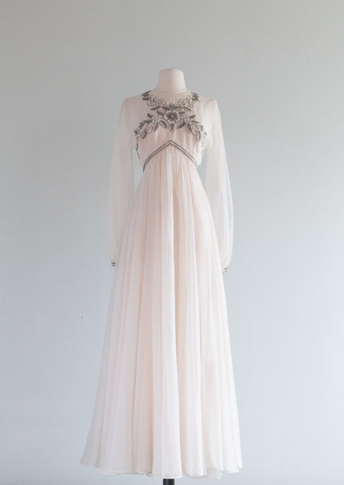 Romantic 1970's Ivory Chiffon Wedding Gown With Beading / Medium