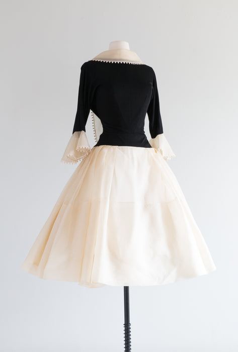 Stunning 1950's Travilla Party Dress in Black and Ivory Silk / Small
