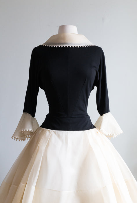 Stunning 1950's Travilla Party Dress in Black and Ivory Silk / Small