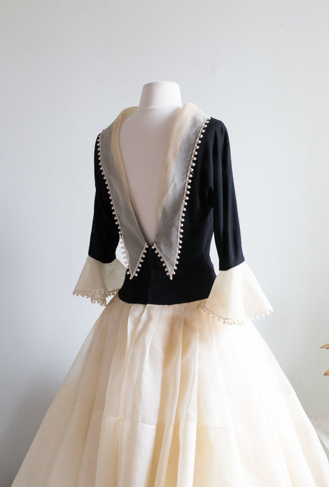 Stunning 1950's Travilla Party Dress in Black and Ivory Silk / Small