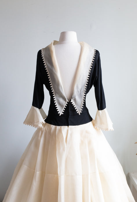 Stunning 1950's Travilla Party Dress in Black and Ivory Silk / Small