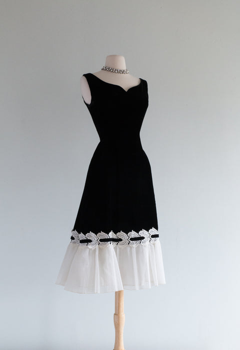 Fabulous 1950's Black Velvet Party Dress With Ruffle Hem / Waist 27