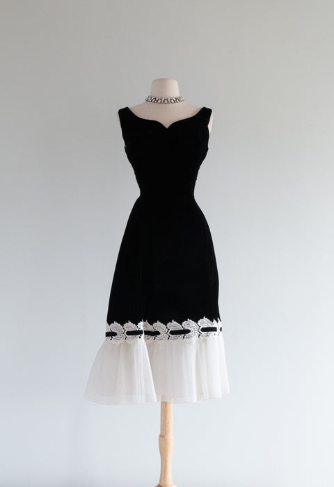 Fabulous 1950's Black Velvet Party Dress With Ruffle Hem / Waist 27