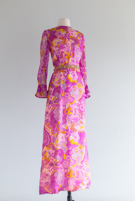 Fabulous 1960's Kornhauser Psychedelic Silk Evening Gown / ML