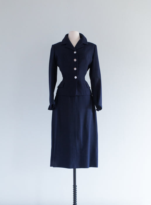 Elegant 1950's Navy Blue Wool Suit By Zelinka-Matlick / Small