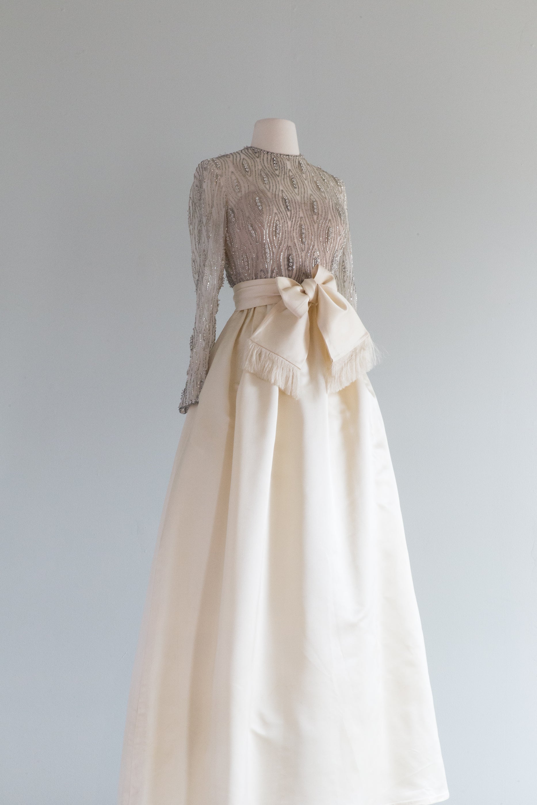 TOWN & COUNTRY vintage 1960s evening dress, white chiffon gold beads sequins wedding bridal gown