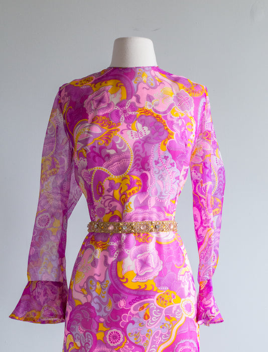 Fabulous 1960's Kornhauser Psychedelic Silk Evening Gown / ML