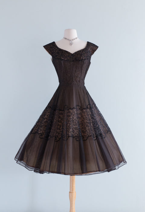Stunning 1950's Black Soutache and Lace Cocktail Dress / Medium
