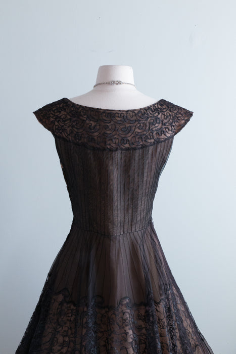 Stunning 1950's Black Soutache and Lace Cocktail Dress / Medium