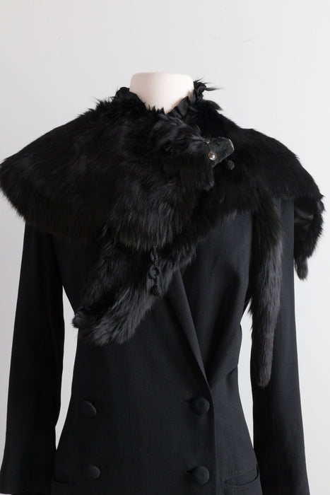 Elegant 1920's Black Crepe Longline Tuxedo Style Coat With Fur Wrap / Small