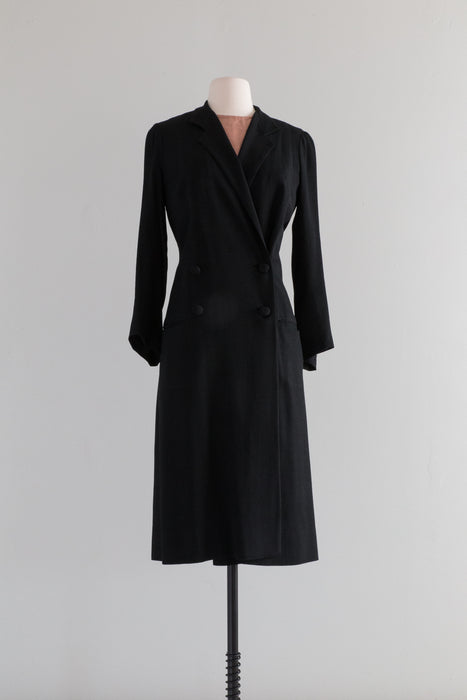 Elegant 1920's Black Crepe Longline Tuxedo Style Coat With Fur Wrap / Small