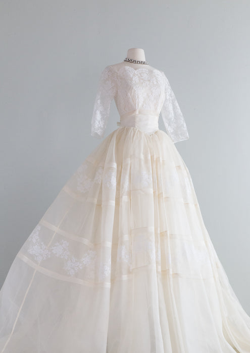 Spectacular 1950's Silk Organza & Lace Couture Wedding Gown / Small