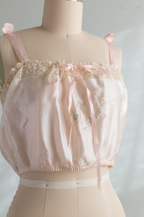Delicate 1920's Embroidered Silk Camisole With Sweetheart / Small