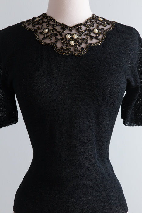 1940's Black Rayon Knit Top With Beaded Neckline / Medium