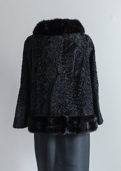 Gorgeous 1950's Jet Black Curly Lamb & Mink Fur Jacket / Medium