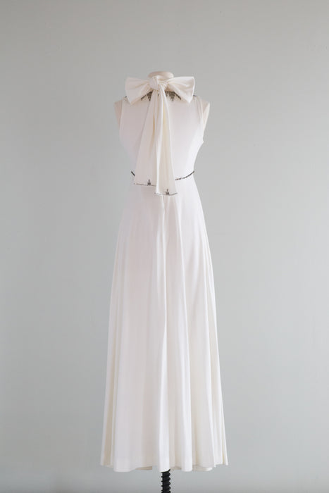 Ethereal 1970's White Wedding Dress With Beaded Neckline & Scarf / Small