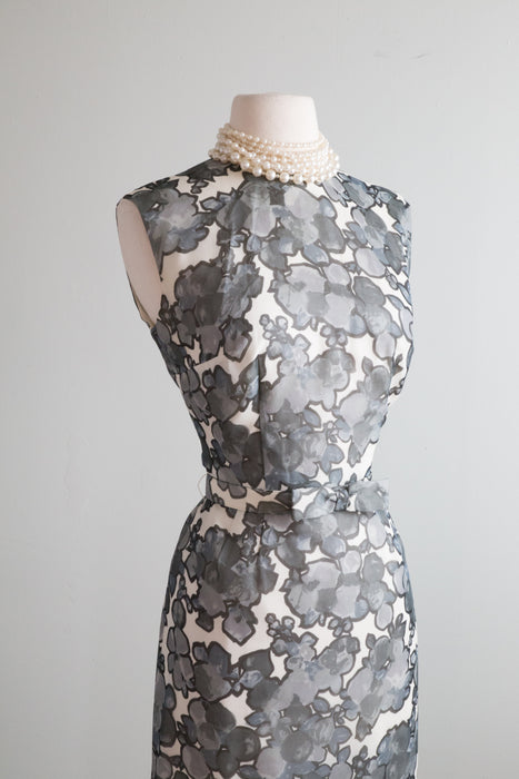 Lovely 1960's Silk Chiffon Abstract Grey Floral Print Dress / Small