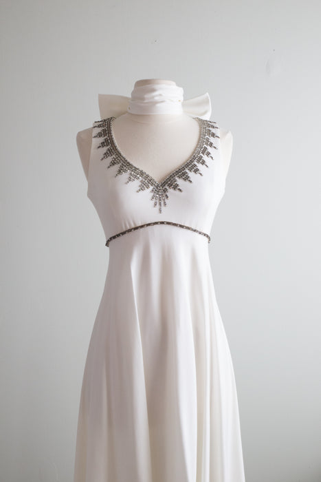 Ethereal 1970's White Wedding Dress With Beaded Neckline & Scarf / Small