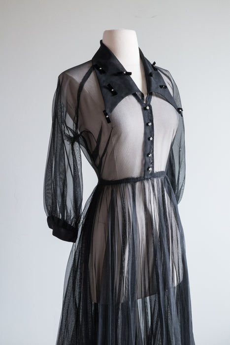 Wicked 1950's Sheer Black Chiffon Cocktail Dress With Bows / Small