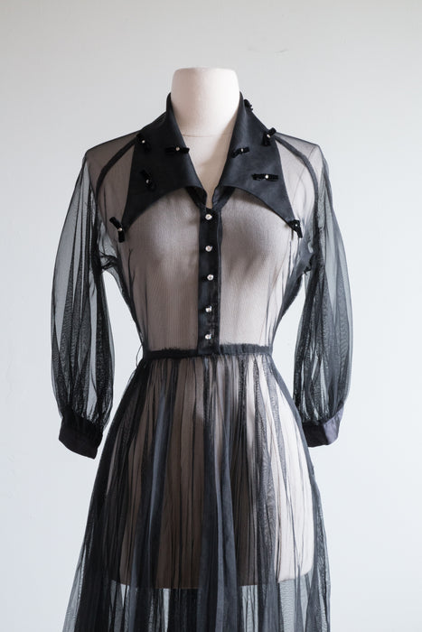 Wicked 1950's Sheer Black Chiffon Cocktail Dress With Bows / Small