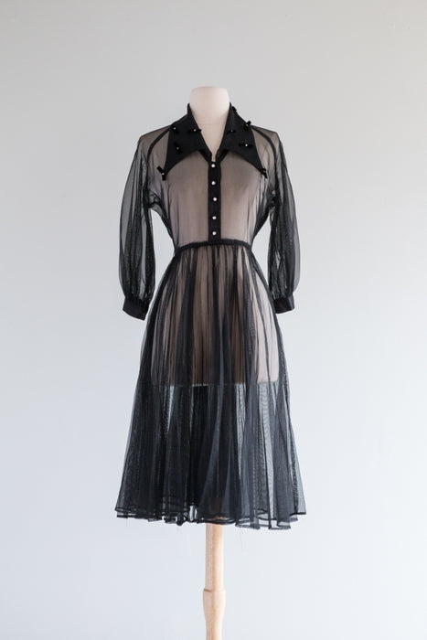 Wicked 1950's Sheer Black Chiffon Cocktail Dress With Bows / Small