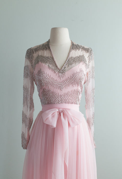 Vintage 1960's Beaded Peony Pink Chiffon Evening Gown / XS