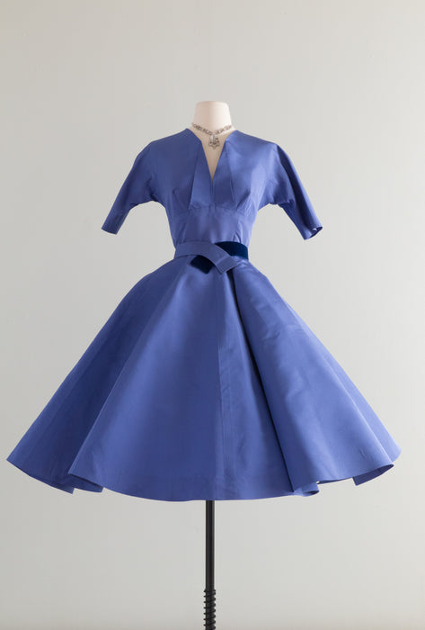 Spectacular 1950's French Blue Silk Faille Cocktail Dress By Sophie Gimbel / Waist 28"