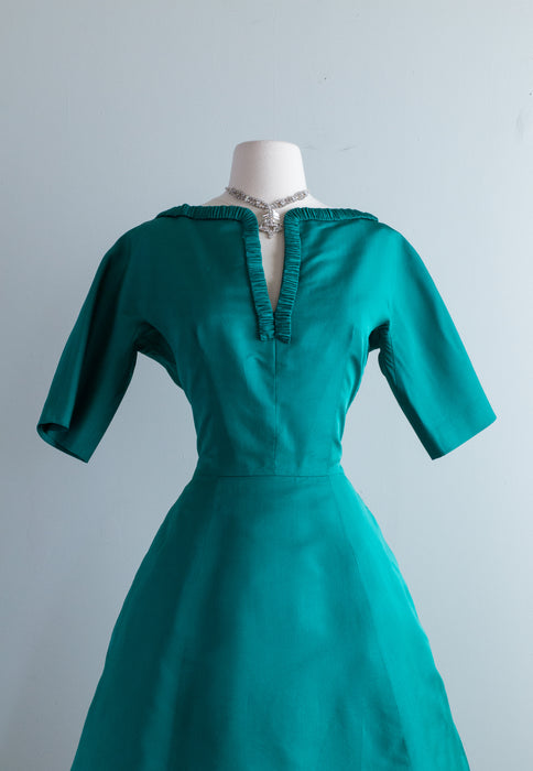 Elegant 1950's Bottle Green Silk Cocktail Dress By Jerry Parnis / Medium