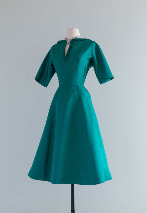 Elegant 1950's Bottle Green Silk Cocktail Dress By Jerry Parnis / Medium