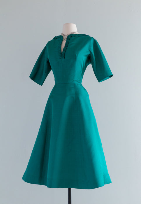 Elegant 1950's Bottle Green Silk Cocktail Dress By Jerry Parnis / Medi Xtabay Vintage Elegant 1950's Bottle Green Silk Cocktail Dress By Jerry Parnis / Medi Xtabay Vintage