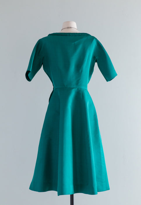 Elegant 1950's Bottle Green Silk Cocktail Dress By Jerry Parnis / Medium