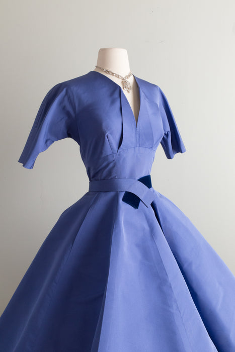 Spectacular 1950's French Blue Silk Faille Cocktail Dress By Sophie Gimbel / Waist 28"